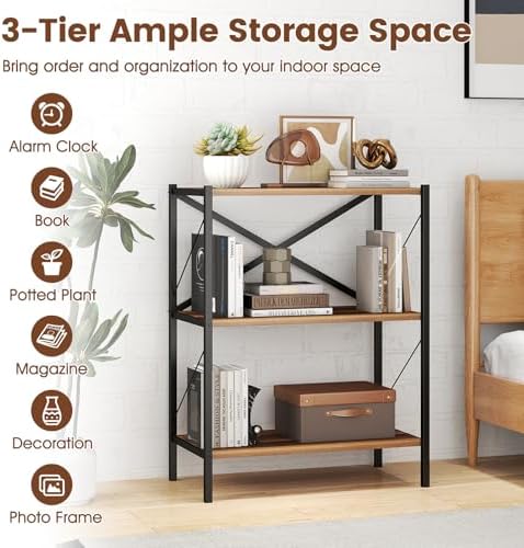 GIANTEX 3-Tier Bookshelf Set of 2, Industrial Bookcase with Heavy-Duty Metal Frame, Modern Open Storage Book Shelf, Book