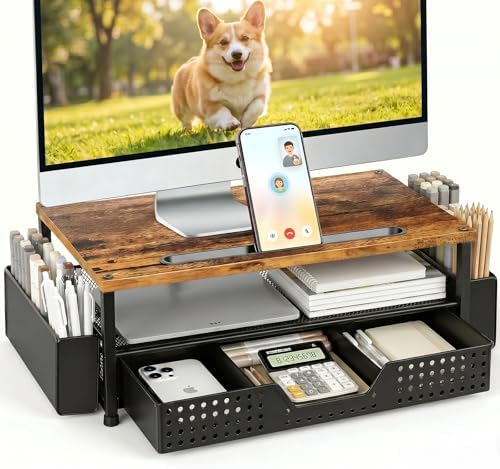 Desk Organizer and Accessories, 2-Tier Computer Monitor Stand Rise with Phone Holder, Drawer & 2 Pen Holders, Laptop & P