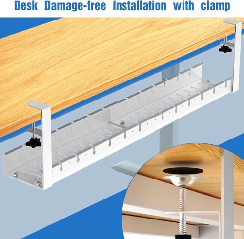 No Drilling Extendable Under Desk Cable Management, Metal Cable Management Tray Under Desk with Clamp, Retractable Power