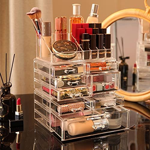 Cq acrylic 3 Pack Clear Makeup Organizer Countertop,Stackable 8 Drawers Skincare Organizer,Cute Skin Care Organizer for 