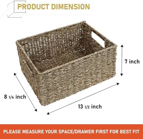 HOMESTEAD 2-Pack Rectangular Seagrass Storage Baskets with Built-In Handles, Handwoven Wicker Baskets for Pantry, Shelf, Closet & Bathroom Organization, 13.25 x 8.25 x 7.25 in