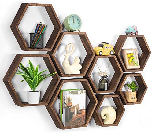 Hexagon Floating Shelves Set of 8 Wood Hexagonal Shelves Brown Wall Decor and Storage Racks for Living Room Floating Hon