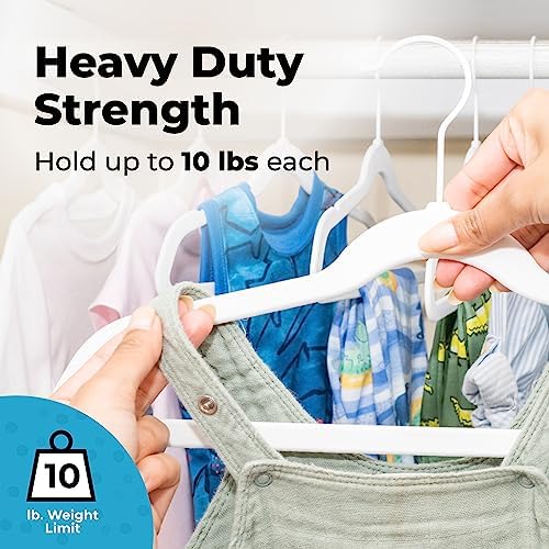 Fontaines Luxury Kid's White Velvet Felt Non Slip Clothes Hangers 50 Pack - Ultra Slim & Space Saving - Heavy Duty Swivel Black Hook for Children's Clothing, Shirt, Dress, Skirt & Pants Organization