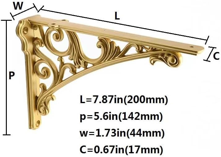 Decorative Shelf Bracket 8 inch, Gold Decorative Brackets for Shelving, Heavy Duty Vintage, DIY Projects, Hardware Inclu