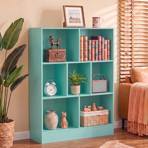 YAHARBO 3 Tier 7 Cube Mini Thin Bookshelf, Short Shallow Bookcase, Green