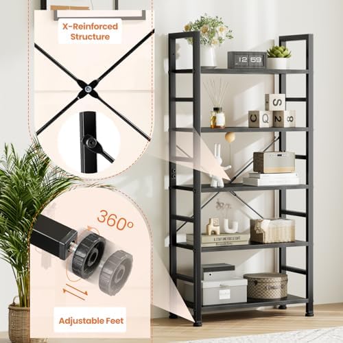 Sweetcrispy 5 Tier Bookshelf, Bookcase Shelf Storage Organizer, Black
