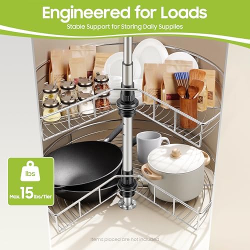 24inch Kidney Chrome, 2-Shelf Lazy Susan Kitchen Base Cabinet Corner Organizer Rack, 360° Rotating Storage Shelf Rack, A
