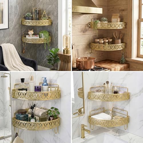 Gold Bathroom Wall Mount Floating Shelf 2 Pack, No Drilling Shower Organizer Rack with Hooks, Rustproof Metal Bathroom S