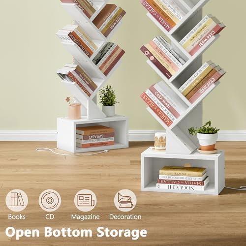 Hoctieon 9 Tier Tree Bookshelf, Tall Bookcase, Freestanding Book Shelf with LED Lights, Display Floor Standing Storage S