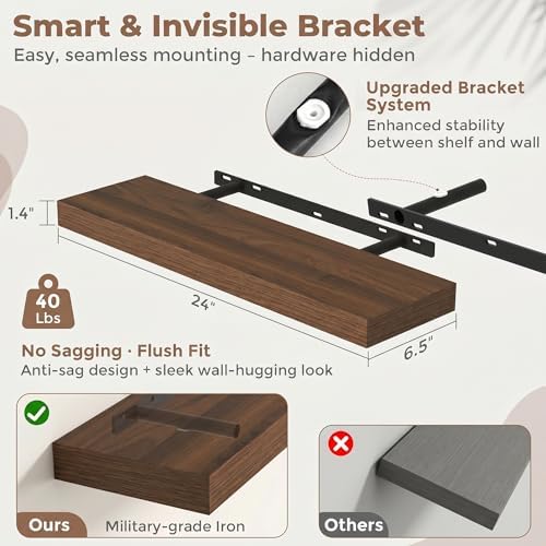 FLYJOE 24 Inch Floating Shelves for Wall Set of 2, 6.5" D Wood Grain Bathroom Shelves with Invisible Brackets, Easy Inst
