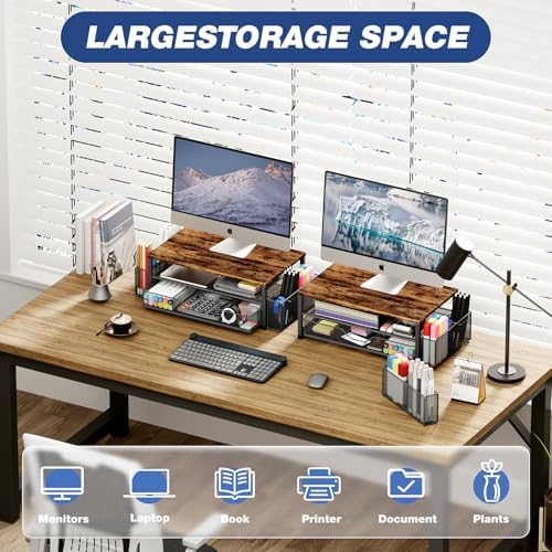 OPNICE Desk Organizer and Accessories, 2-Tier Computer Monitor Stand Riser with Drawer and 2 Pen Holders, Laptop Stand, 