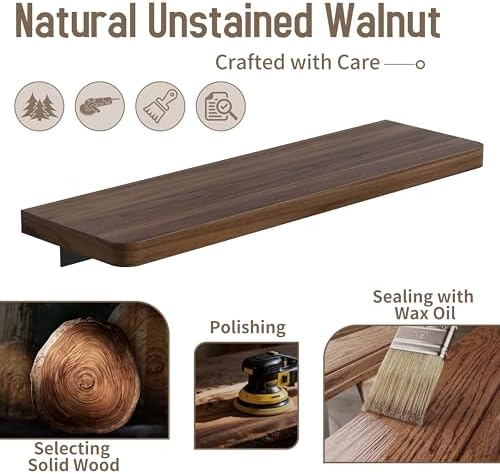Danpoo 16 inch Solid Walnut Floating Shelf - Large, Heavy Duty Wall Shelf for Kitchen, Living Room, Bathroom, Built to H