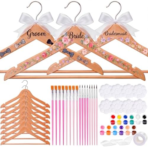 Fumete 41 Pcs DIY Bride Bridesmaid Hanger for Wedding Dress Wooden Bridal Hangers with Acrylic Paint Strips, Palettes, Painting Brushes for Wedding Bridal Shower Party Craft Keepsake Favor Gift