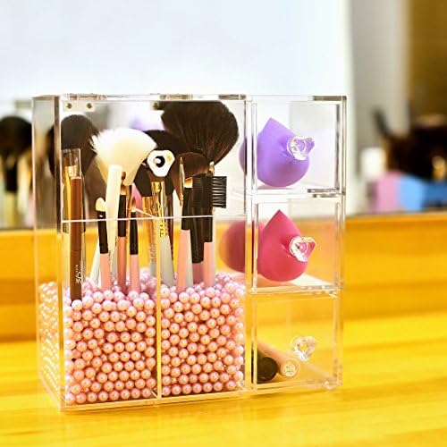Clear Acrylic Covered Makeup Brush Holder with Dustproof Lid, 3 Drawers, Pearls Beads for Cosmetics Brushes Storage (Pin