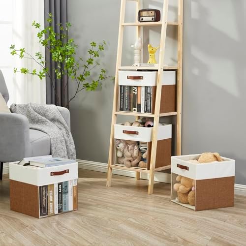 Bagnizer Storage Cubes, 4 Pack Linen Foldable Storage Bins with Clear Window and 2 Handles, 13x15x13 Storage Cube Bins for Shelf Closet, Kallax, Clothes, Books - (Brown / Off-White)