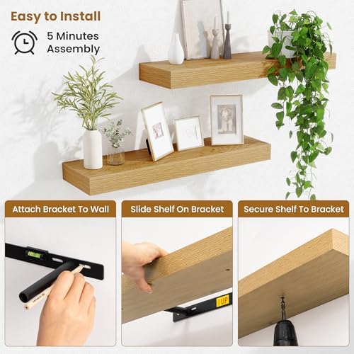 Fun Memories Floating Shelves Set of 2, 24 Inch Floating Shelves for Wall, Wood Wall Shelves with Invisible Brackets, fo