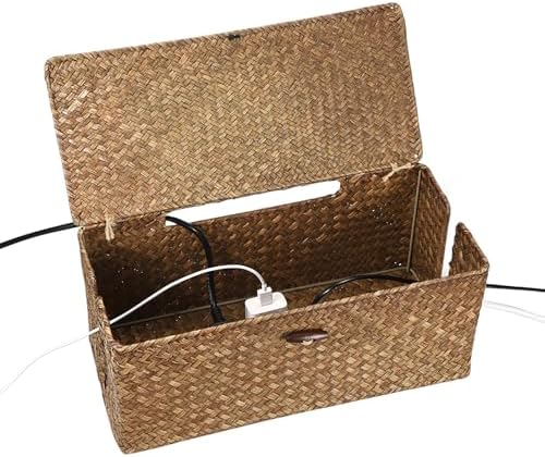 BTSKY Woven Cable Management Box with Lid, Seagrass Cord Organizer with 2 Open Slots for Power Strips & USB Hubs, Under 