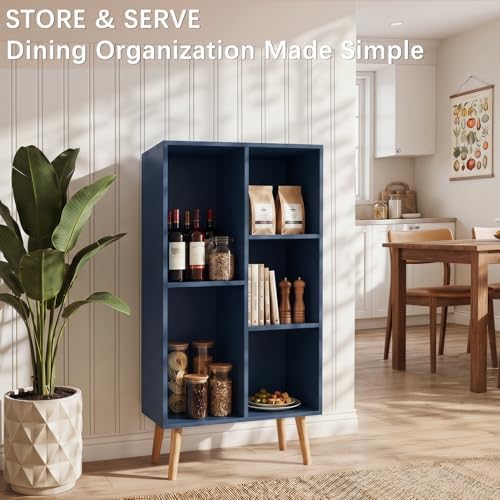 YAHARBO Small Dark Blue Bookshelf,3 Tier Modern Kids Bookcase with Legs,5 Cube Wooden Bookshelves Storage Shelf,Book She