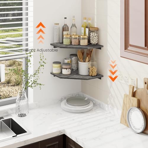 Homode Corner Shelf Wall Mount, Set of 2 Corner Floating Shelves with Cord Hole for TV, Cable Box, Wood Hanging Storage 