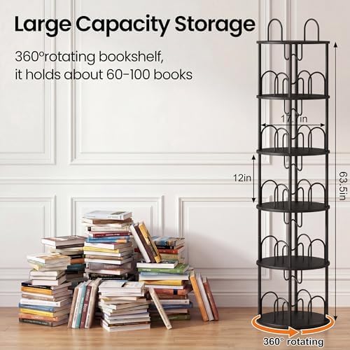 5 Tier Rotating Bookshelf, 360° Spinning Bookshelf Tower, Narrow Corner Book Shelf, Revolving Bookcase Corner Tall Book 