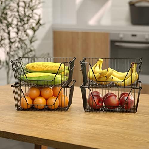 Slideep 14'' Black Stackable Storage Baskets Sturdy Metal Wire Freezer Bins Cabinet Organizer for Pantry Home Bathroom K