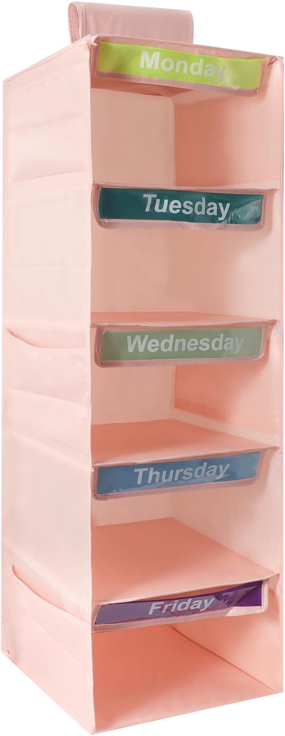 5 Shelf Days of The Week Clothes Organizer for Kids Weekly Outfits(Pink) | Weekly Clothes Organizer Monday Through Friday, Daily Hanging Closet Storage Shelves with 6 Side Pockets for Dorm Room