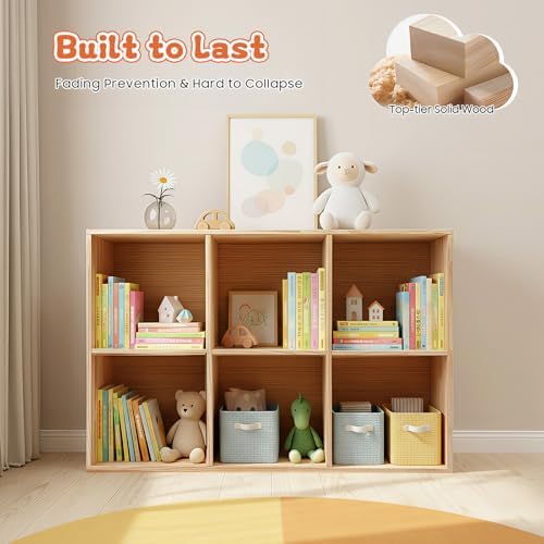 6-Cube Solid Wood Bookshelf, 3-Tier Storage Organizer Semi-Open Floor Display Shelf Closet Cabinet for Home Office Libra