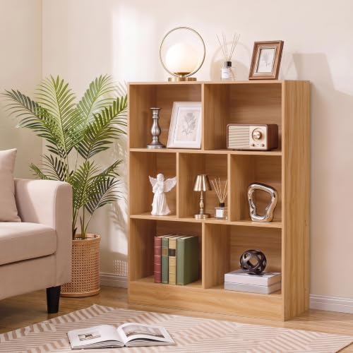 YAHARBO 3 Tier 7 Cube Mini Thin Bookshelf, Short Shallow Bookcase, Natural