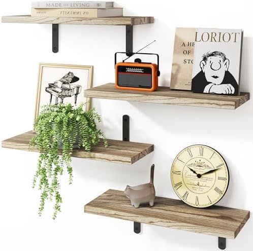 Fixwal Wall Floating Shelves for Room Decor, 4 Sets Floating Shelves for Wall Storage, Wood Wall Mounted Shelf for Bedroom Decor, Bathroom Storage, Book Shelf for Wall-Rustic Brown
