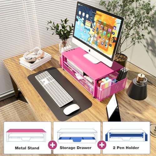 OPNICE Desk Organizers and Accessories, Computer Monitor Stand Riser with Drawer and 2 Pen Holders, Printer & Laptop Sta