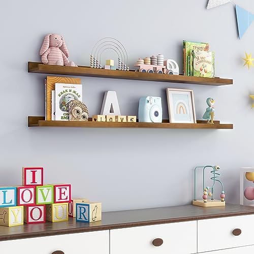 FLYJOE Picture Ledge Wall Shelves 48 inch Width Set of 2, Solid Pine Wood Rustic Floating Ledge Shelves for Wall for Kids' Room Bedroom Kitchen Bathroom Living Room Nursery Display Wall Decor, Walnut