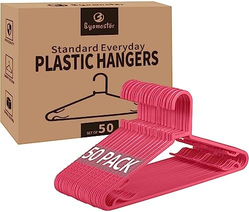 Byomostor Plastic Hangers 50 Pack, Light Weight Durable Clothes Hangers with Hooks Standard Size G-Shape&Non-Slip Coat Hangers for Everyday Use (Pink)