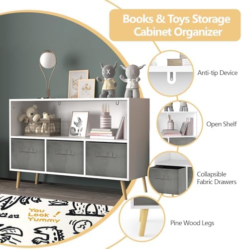 Kids Bookshelf Toy Storage Organizer with Collapsible Fabric Drawers, Wood Children Bookcase, Toy and Book Storage Displ
