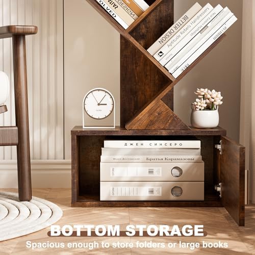 Tree Bookshelf with Light, 6 Tier Narrow Bookcase with Storage Cabinet, Tall Corner Book Shelf for Small Spaces, Vertica