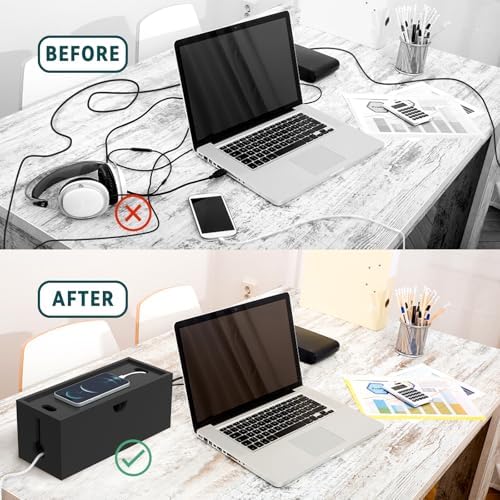Bamboo Cable Management Box, Large Cord Organizer Box Cable Box to Hide Wires & Power Strips for Desktop Storage Cord Ho