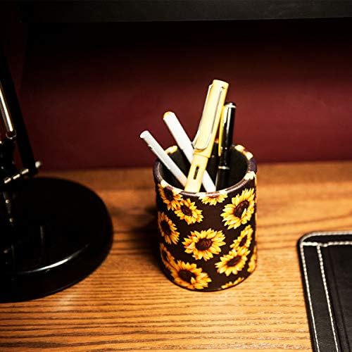 Sunflower Pen Cup, Premium PU Leather Pencil Holder, Women Makeup Brush Holder, Ideal Desk Organizer Gift for Office/Classroom/Home