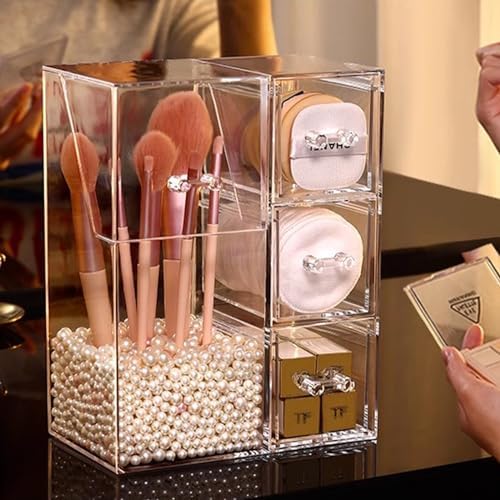 ShellKingdom Makeup Brush Holder,Clear Cosmetic Brushes Organizer With Drawer for Storage Brushes with Lid and Pearl for