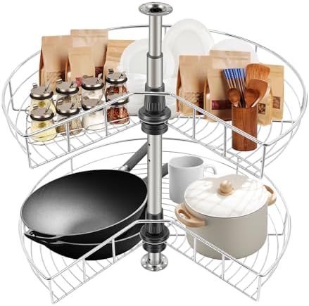 24inch Kidney Chrome, 2-Shelf Lazy Susan Kitchen Base Cabinet Corner Organizer Rack, 360° Rotating Storage Shelf Rack, A