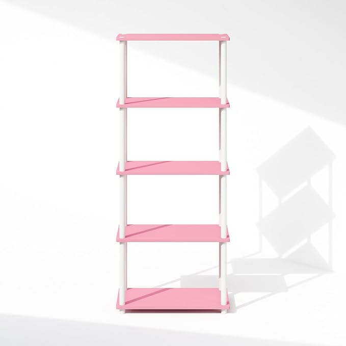 Furinno Turn-N-Tube Book Shelf, 5-Tier Bookshelf, Bookcase with Multipurpose Compact Display Rack, 11.6 x 23.6 x 57.4, for Living Room, Bedroom, Home Office, Pink/White