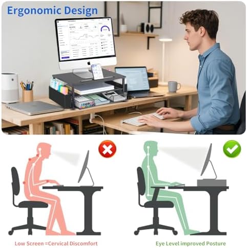 AUPSEN Wood Computer Monitor Stand Riser, 2-Tier Black Desk Organizer with Drawer, Pen Storage & Phone Holder ，Office De