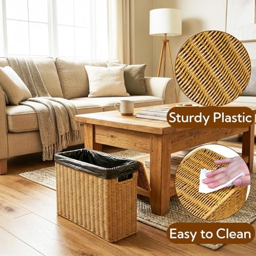 Pumtus Woven Storage Basket with Lid, 3 Gallon Decorative Plastic Organizer Box with Handle, Rectangle Narrow Tall Trash