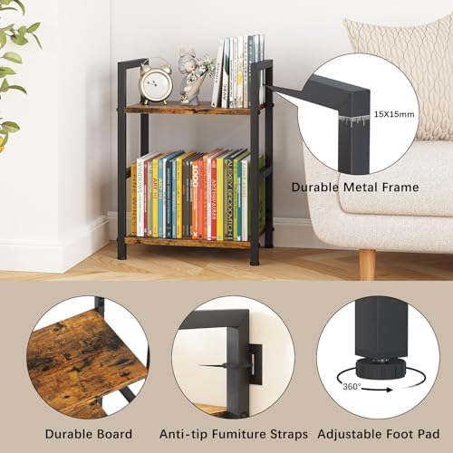Small Bookshelf for Small Space, 2 Tier Industrial Bookcase,Narrow Book Case Storage Organizer Book Shelf for Living Roo