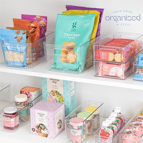 primebox 6 pack Clear Plastic Storage Container Bin with Integrated Easy Grip Handles. For Kitchen, Fridge, Freezer, Cab