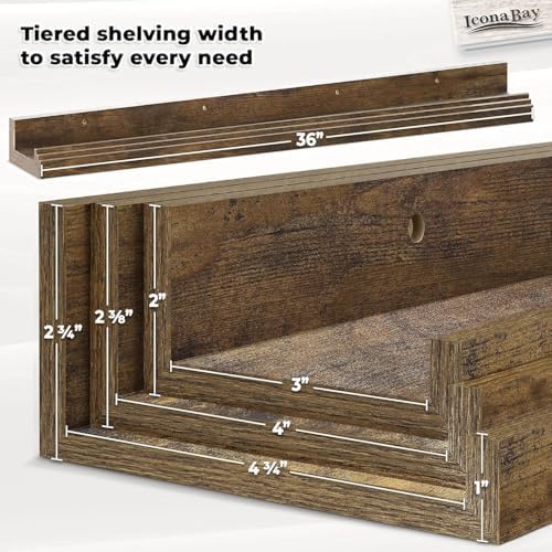 Icona Bay 36 Inch Floating Shelves for Wall - Set of 3 in Walnut Brown - Modern Rustic Style - Wall Mounted Display Shel