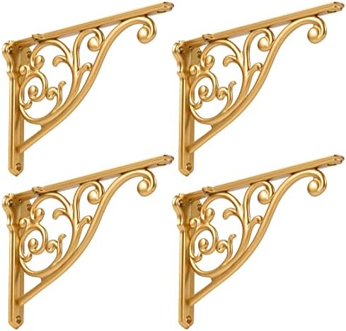 Khtumeware Gold Shelf Brackets 10 Inch 4 Pack Heavy Duty Antique Gold Wall Bracket Baroque Kitchen Decorative Rack Shelv