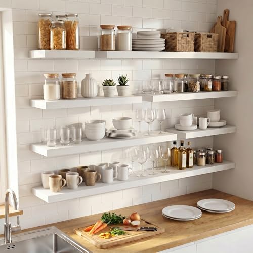 48 Inch Floating Shelves for Wall, 6.5"D Wood Storage Shelves, White Finish