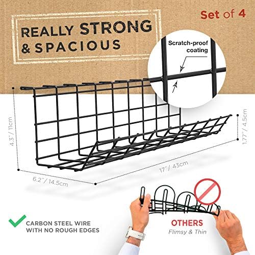 Scanfield Under Desk Cable Organizer Wire Tray, Set of 4x17 inch, Black