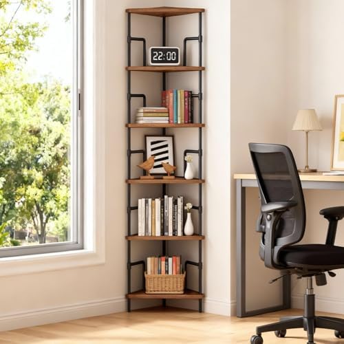 MAHANCRIS 6-Tier Corner Shelf, 65" Tall Corner Bookshelf with Metal Frame, Narrow Display Shelf Stand, Industrial Corner