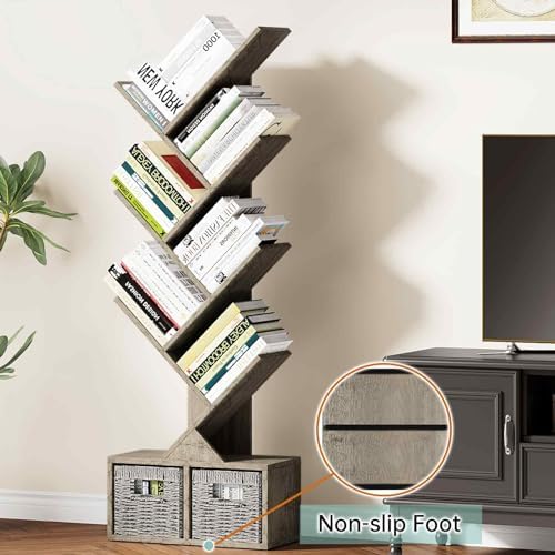 Vagusicc 6 Tier Tree Bookshelf with 2 Storage Cabinets, Tall Display Shelf Organizer for Books, Magazines, Home Decor, N