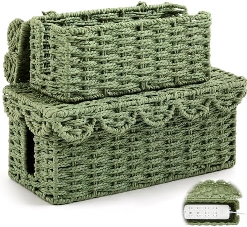 Patelai 2 Pack Scalloped Cable Management Box, Paper Rope, Green Color